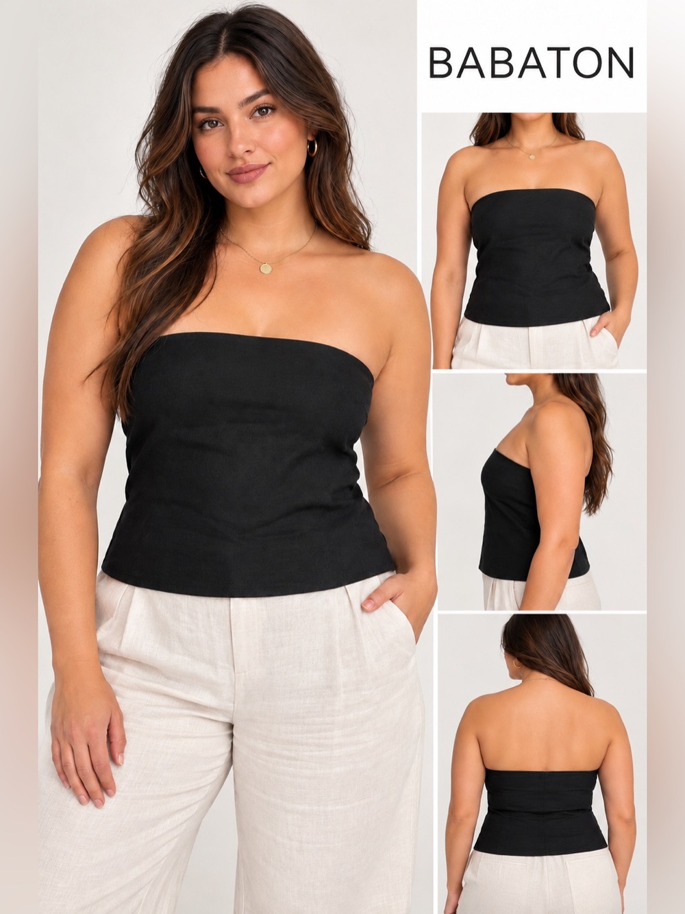 Babaton Black Strapless Linen Blend Top size L
